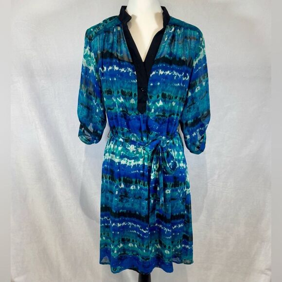 Robert Louis blue and green abstract print belted shirt dress size medium - Picture 1 of 6